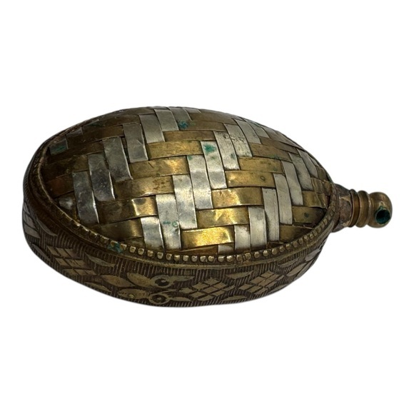 Antique Brass and Silver toned Inlay Pendant, Woven Design, Handcrafted, 2”‎ - Picture 3 of 8